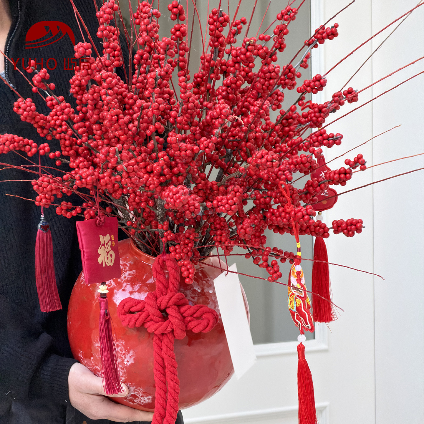 屿后 【2026】年宵节冬青陶瓷花瓶冬青发财果鲜花插花瓶客厅摆件,家居饰品,花瓶,淘宝优惠券,粉丝福利购,淘宝优惠卷