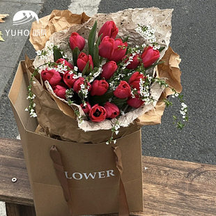 屿后 牛皮英文手提袋鲜花花束手拎袋花店diy礼品盒包装袋花艺资材