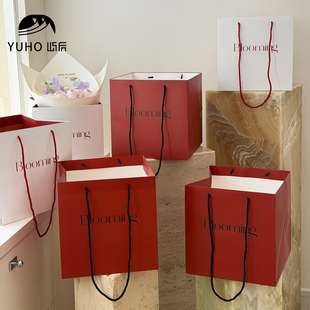 屿后 【红白】英文手提袋鲜花花束手拎袋花店礼物diy包装礼袋用品