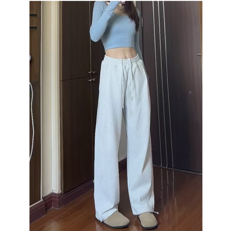 高个子浅灰色直筒运动裤女春秋高腰显瘦宽松阔腿束脚休闲加长卫裤
