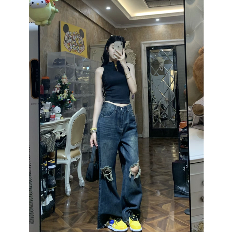 美式复古蓝色破洞阔腿牛仔裤女夏季薄款高腰显瘦宽松毛边直筒裤子