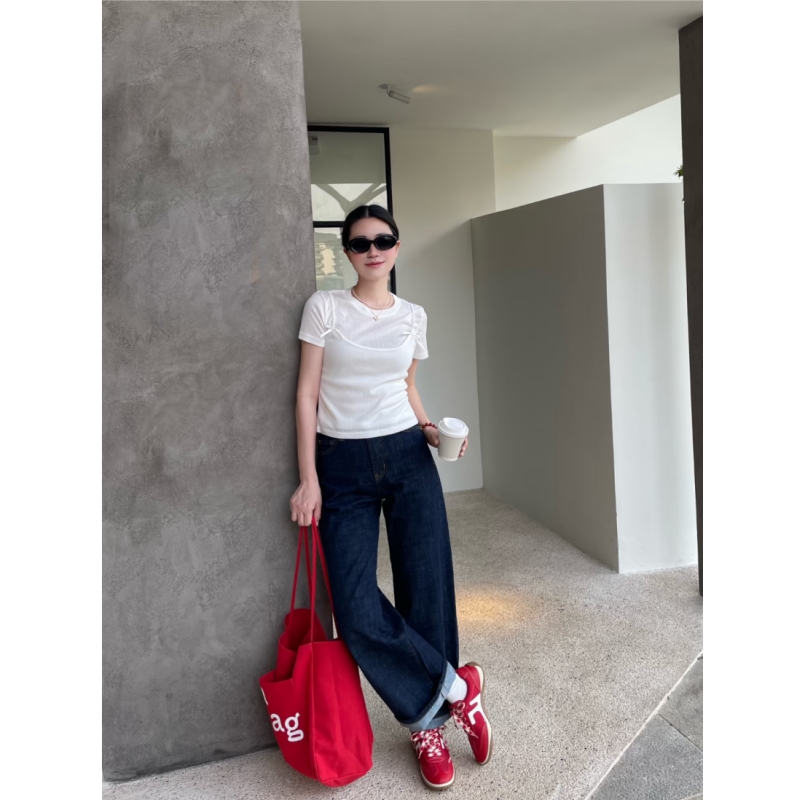 深蓝色高级感阔腿牛仔裤女夏季新款高腰显瘦垂感窄版直筒休闲裤子