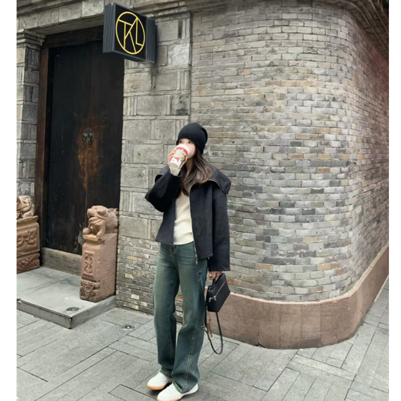 韩版水洗做旧蓝色直筒牛仔裤女高个子高腰显瘦弹力加长堆积感裤子