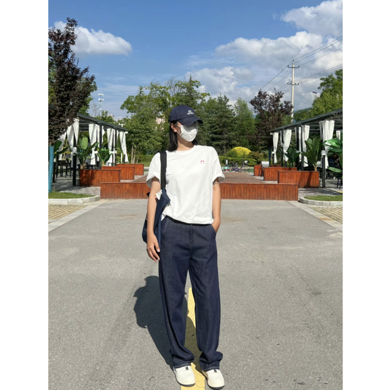 深蓝色直筒牛仔裤男女款韩版高个子高腰显瘦宽松加长版阔腿拖地裤