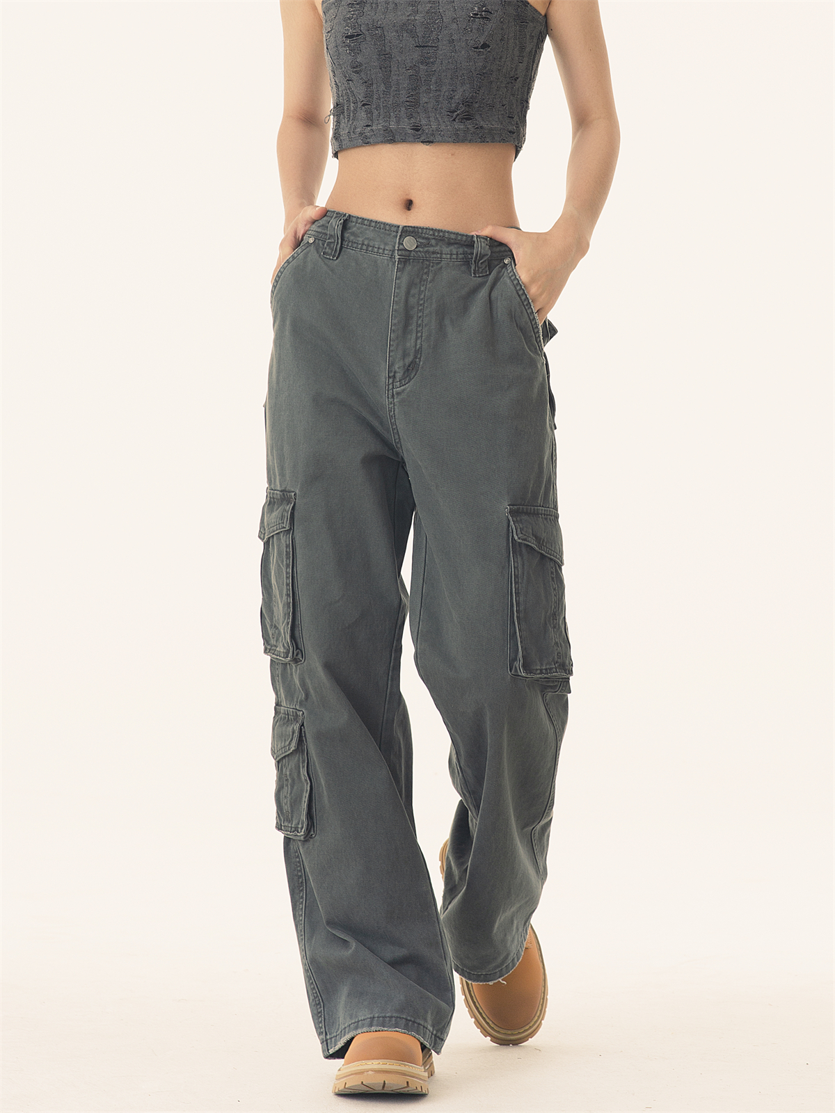 PEACEMARKET Autumn Winter Melad Washed Vintage Cargo Pants For Women Petite Tall Loose Jeans_voghion.com