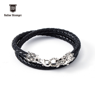 NATIVE STRANGER腾龙黑色皮绳925银手链生肖礼物原创设计