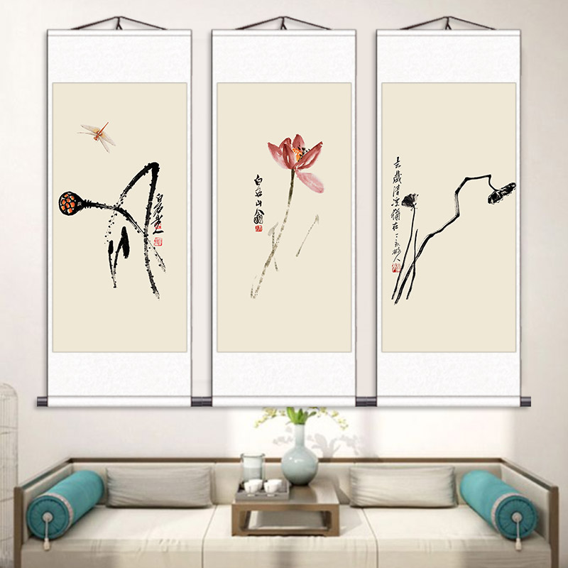 齐白石禅意荷花卷轴挂画客厅装饰画中国风竖版水墨画