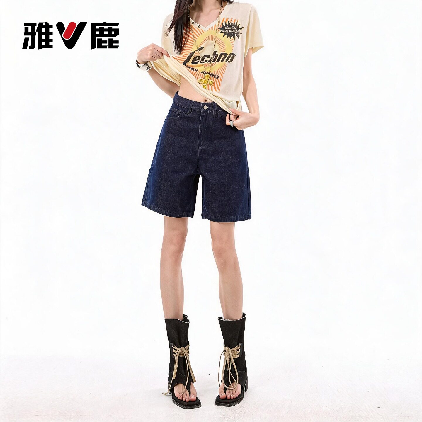 雅鹿美式复古阔腿牛仔裤女2026新款夏季高腰宽松小个子直筒短裤Y