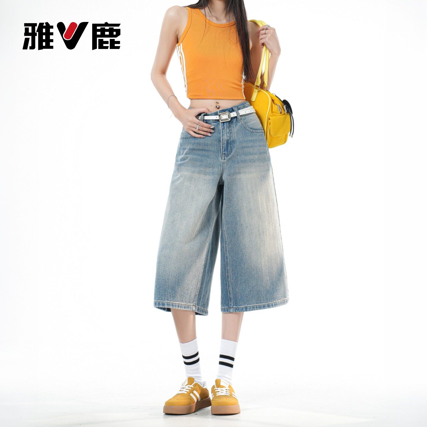 雅鹿七分直筒牛仔裤女2026新款夏季美式小个子高腰a字阔腿中裤Y