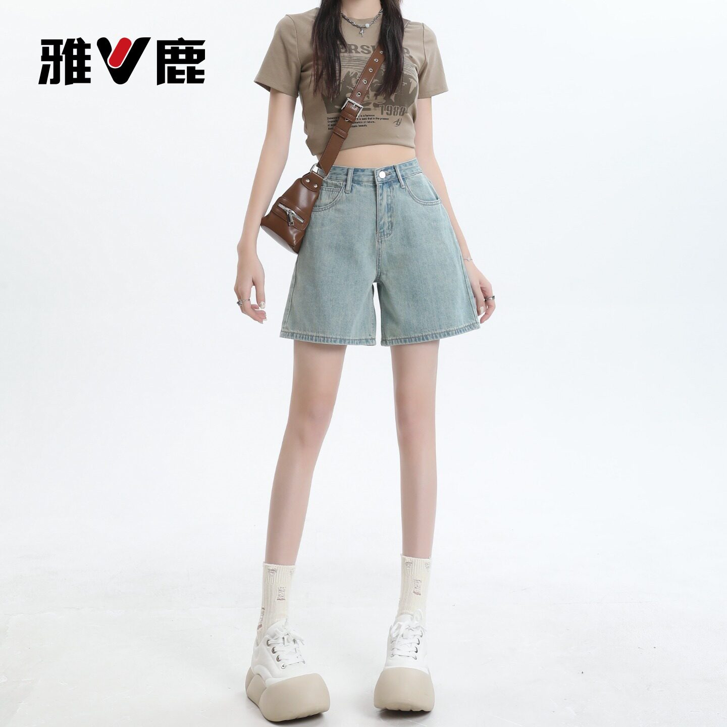 雅鹿浅色阔腿牛仔短裤女2026新款夏季小个子高腰宽松a字热裤子Y