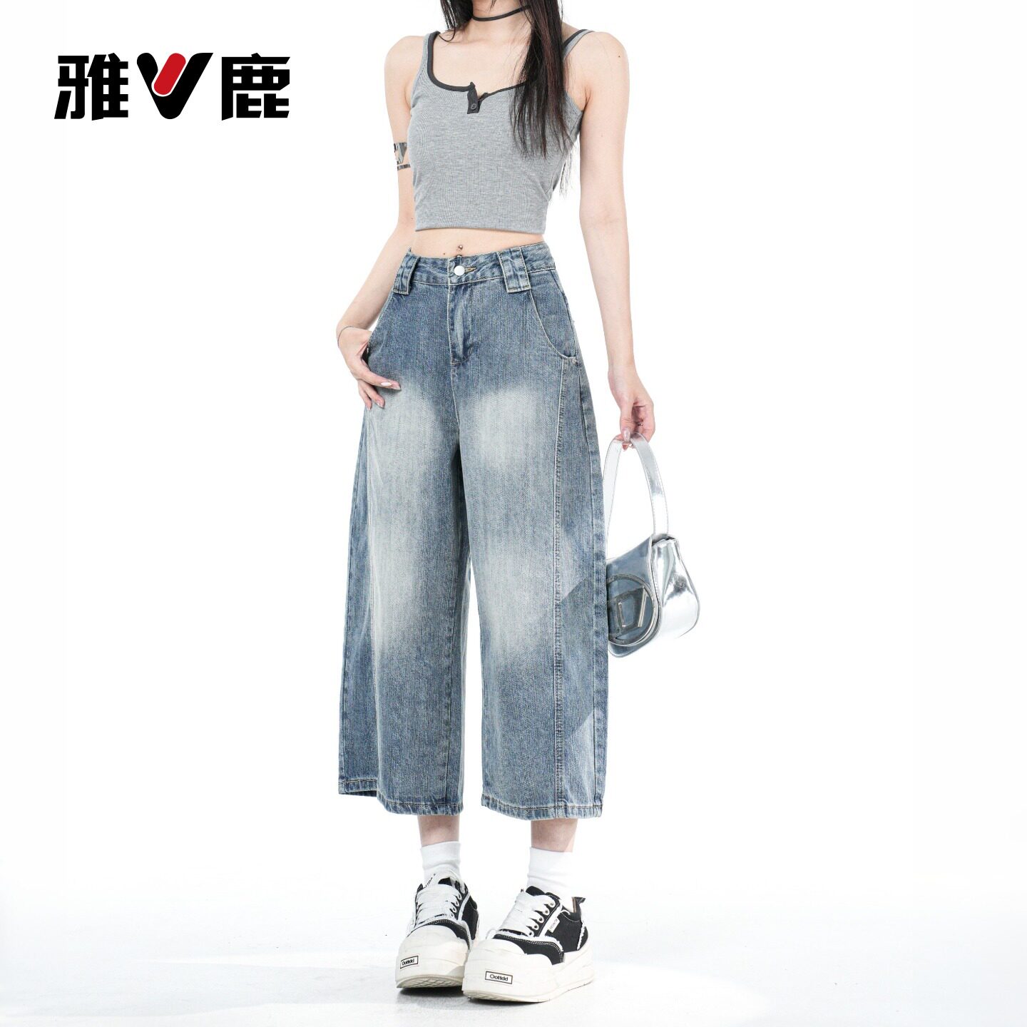 雅鹿美式复古弯刀七分牛仔裤女2026新款夏季高腰宽松阔腿中裤子Y