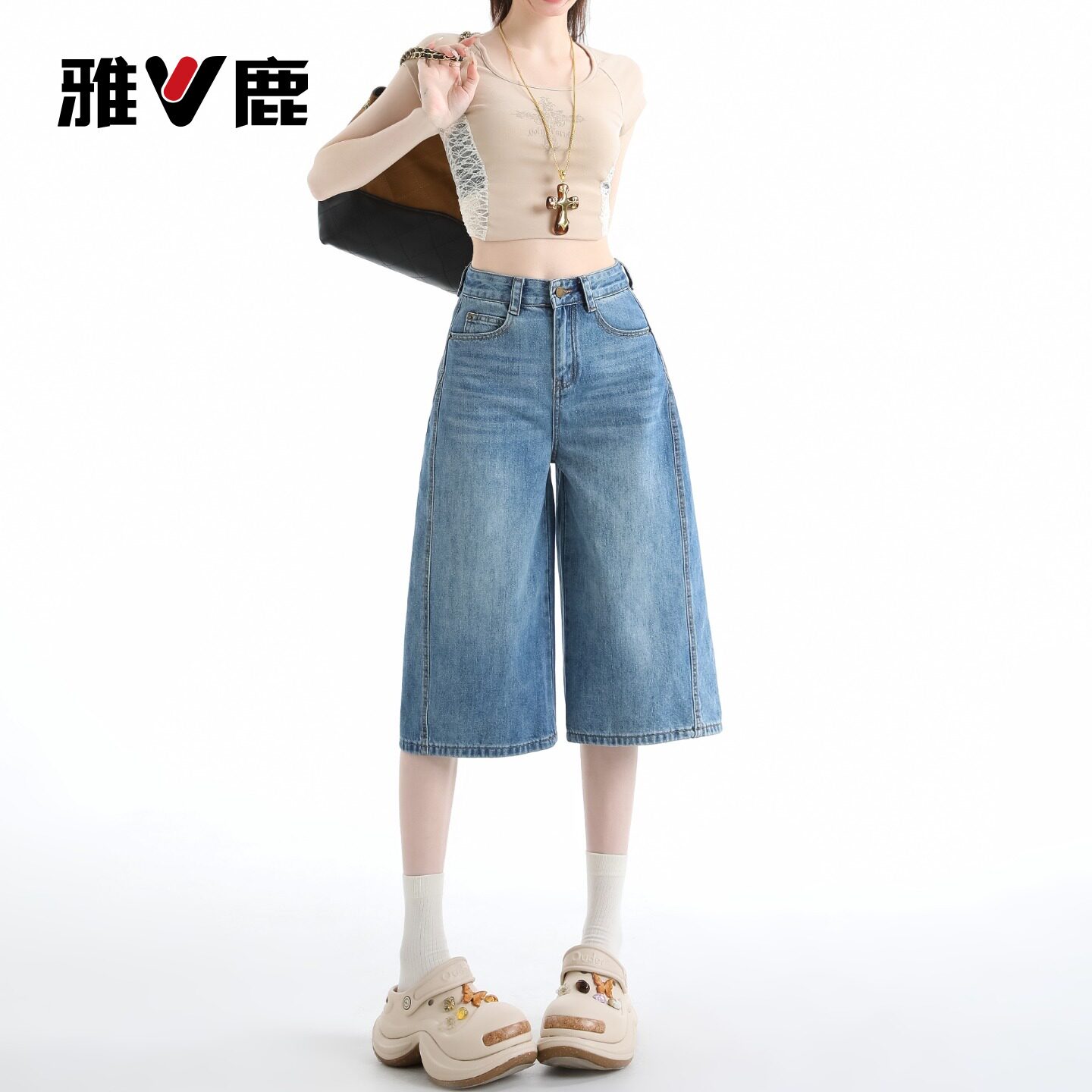 雅鹿复古七分牛仔裤女2026新款夏季小个子高腰弯刀宽松阔腿中裤Y