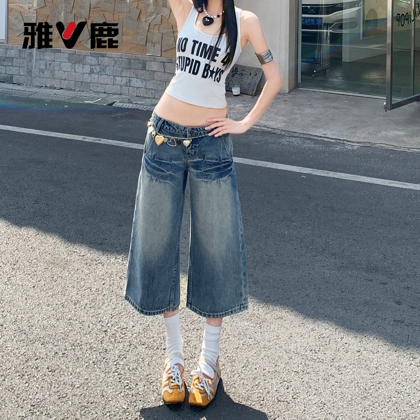 雅鹿美式做旧七分牛仔裤女2026新款夏季复古高腰a字直筒中裤子Y