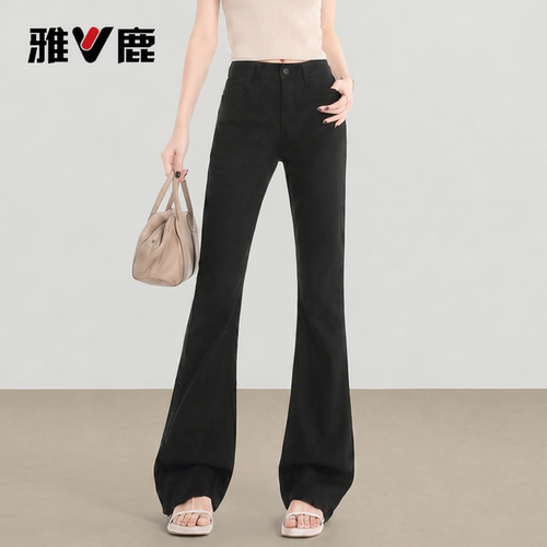 雅鹿黑色天丝莱赛尔微喇牛仔裤女