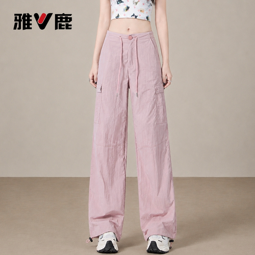 雅鹿粉色美式休闲工装裤女阔腿裤