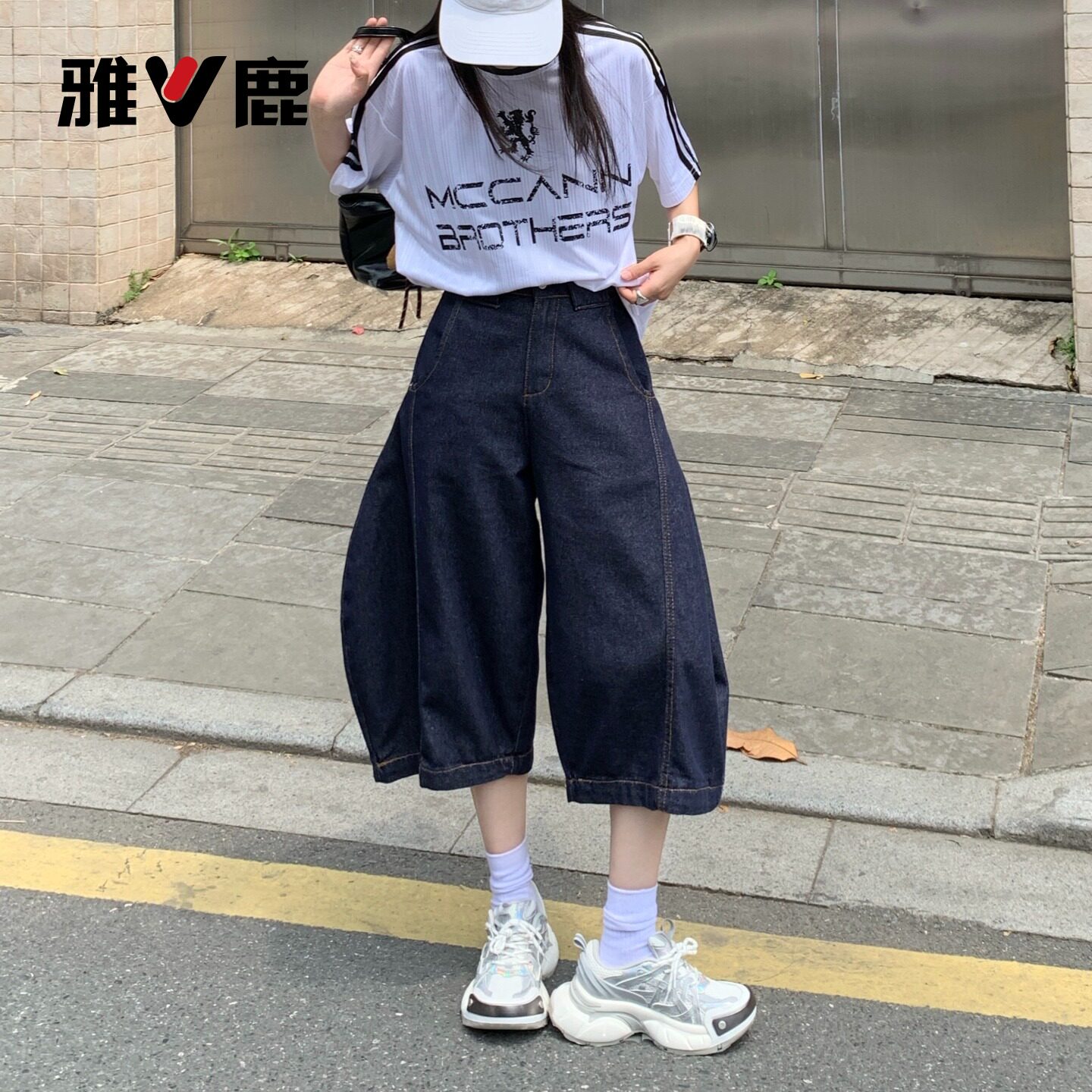 雅鹿丹宁深蓝色弯刀七分牛仔裤女2026新款夏季小个子阔腿短裤子Y