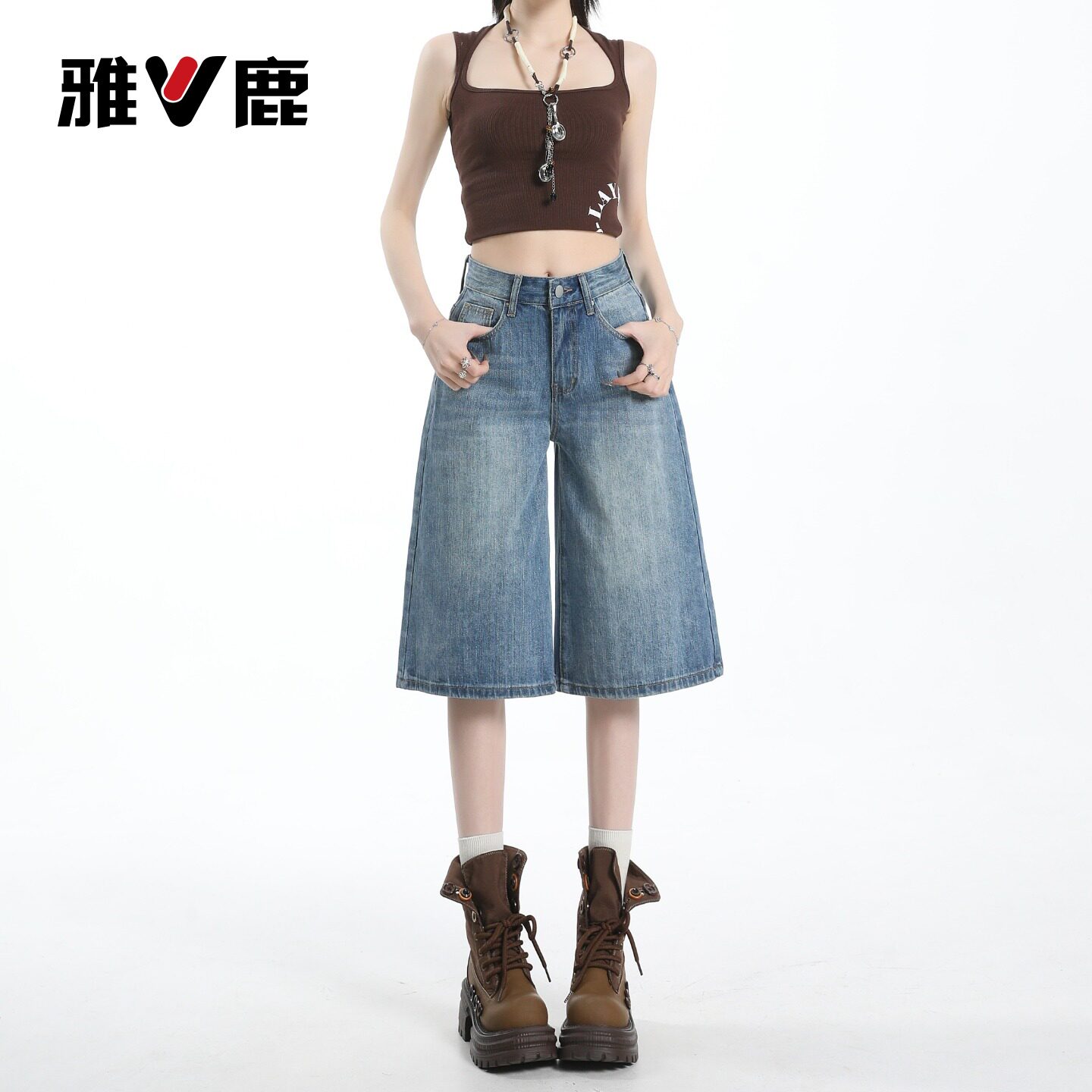 雅鹿蓝色七分阔腿牛仔裤女2026新款夏季小个子美式高腰直筒中裤Y