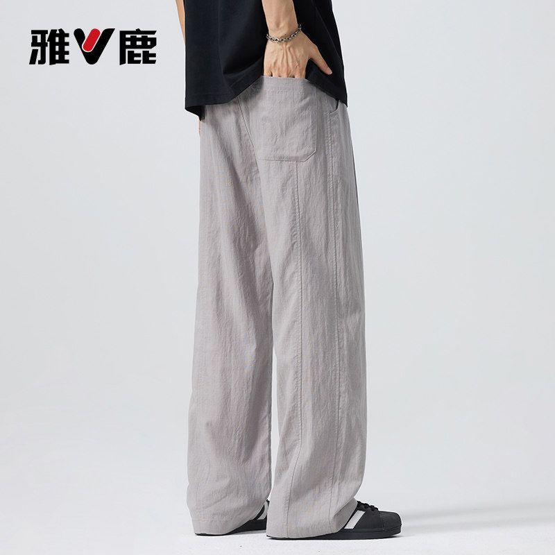 雅鹿浅灰色棉麻休闲裤夏季亚麻透气薄款宽松直筒垂感阔腿长裤子YM