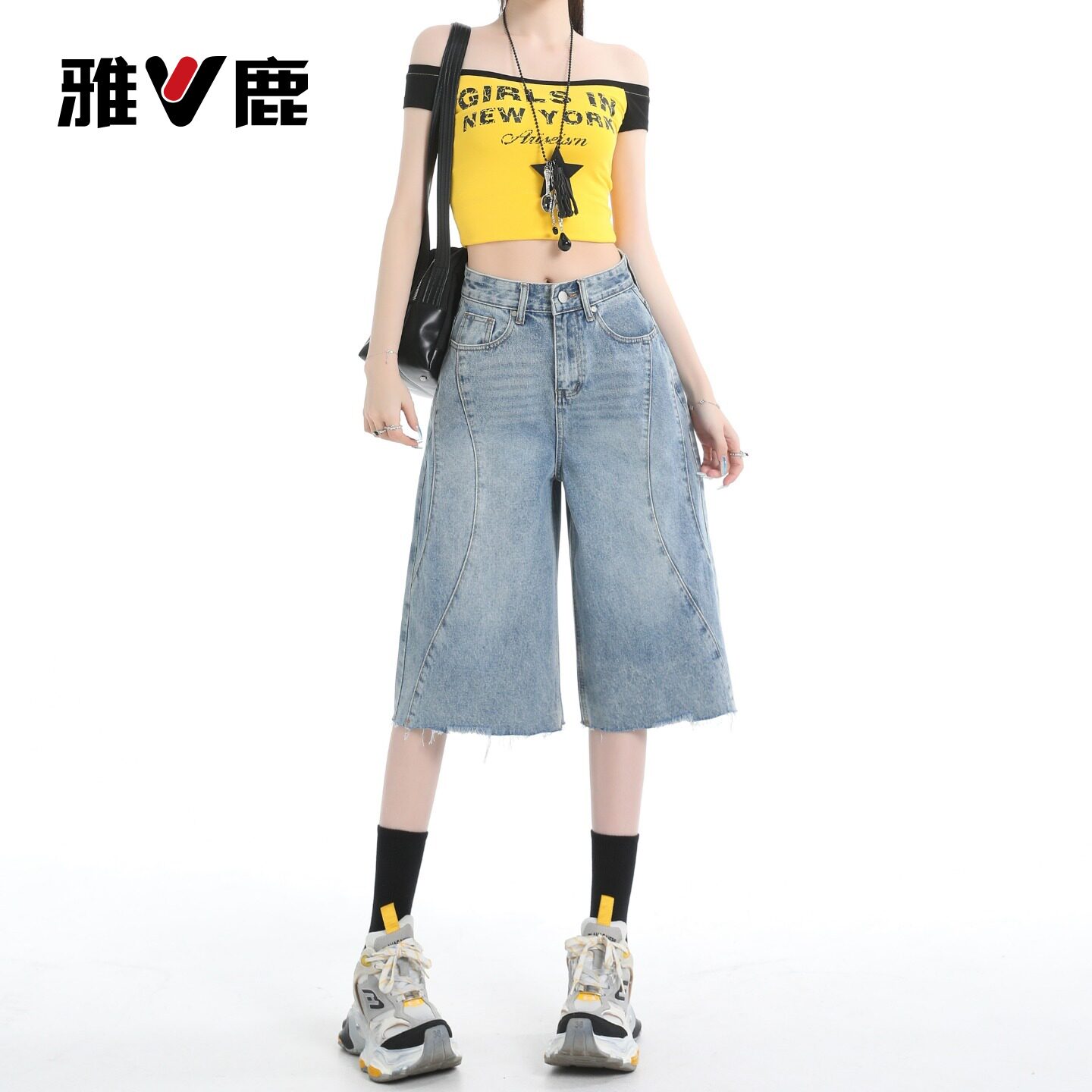 雅鹿毛边直筒七分牛仔裤女2026新款夏季美式小个子宽松阔腿中裤Y