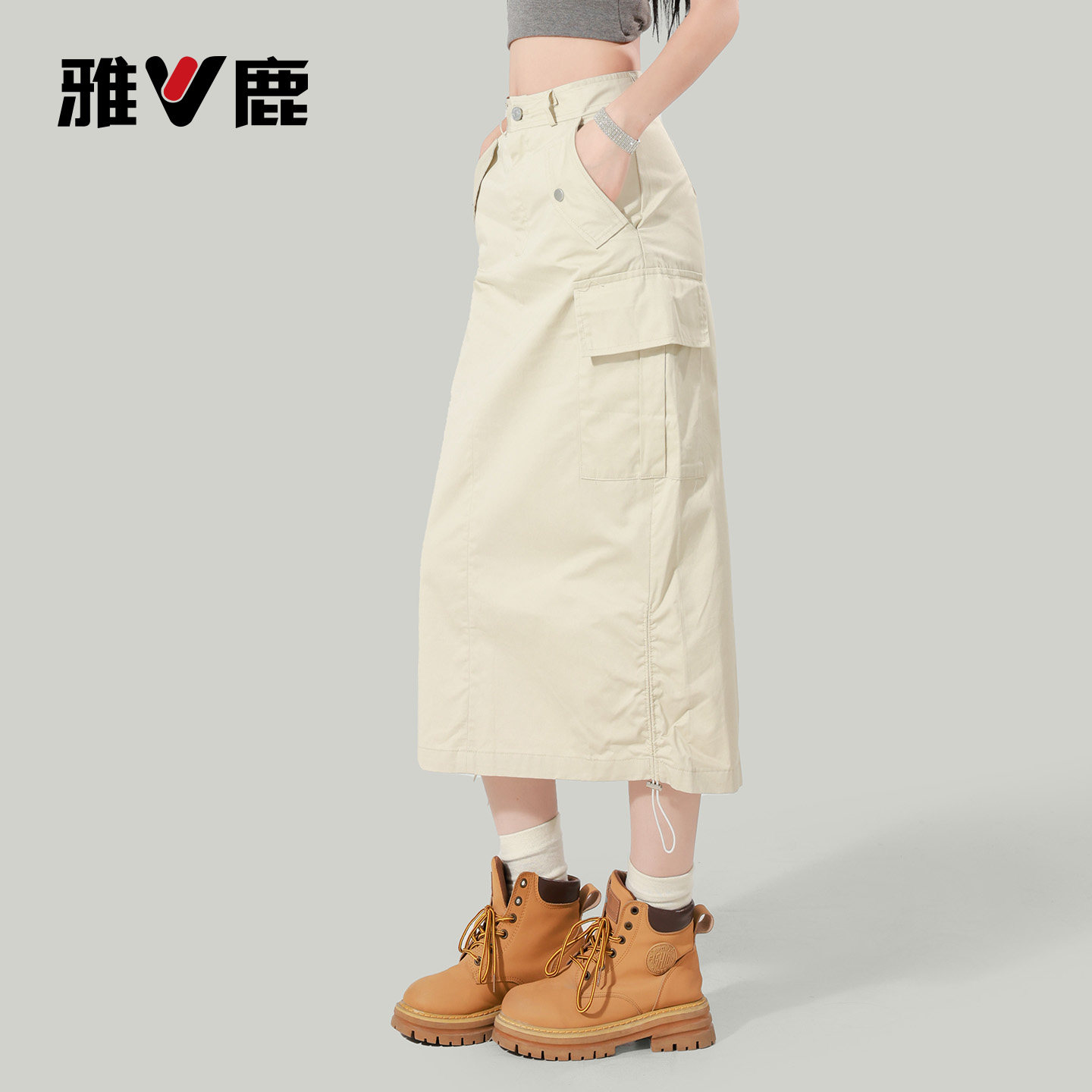 雅鹿美式抽绳工装半身裙女2026新款夏季高腰显瘦a字包臀中长裙Y