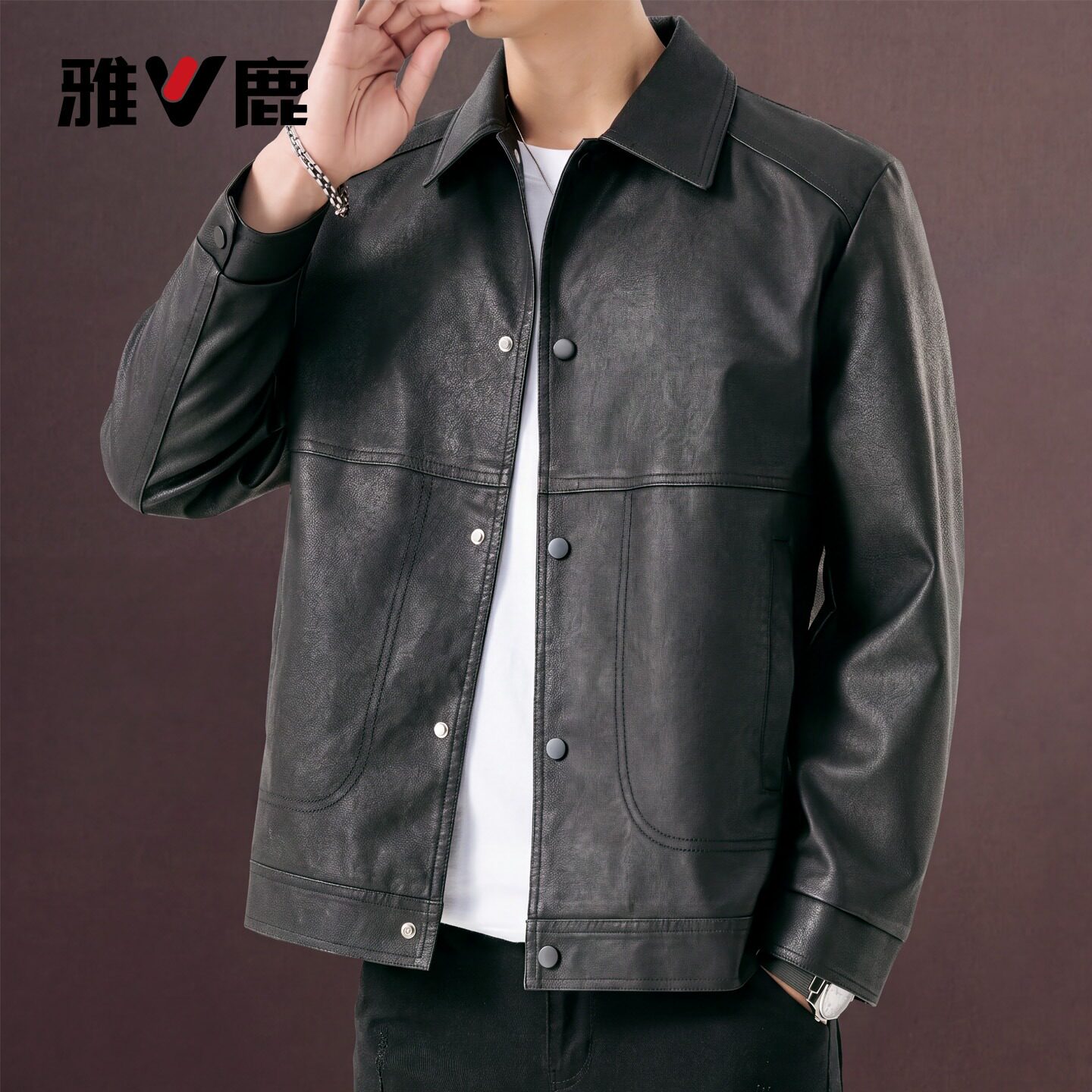 雅鹿男装休闲pu皮夹克图片