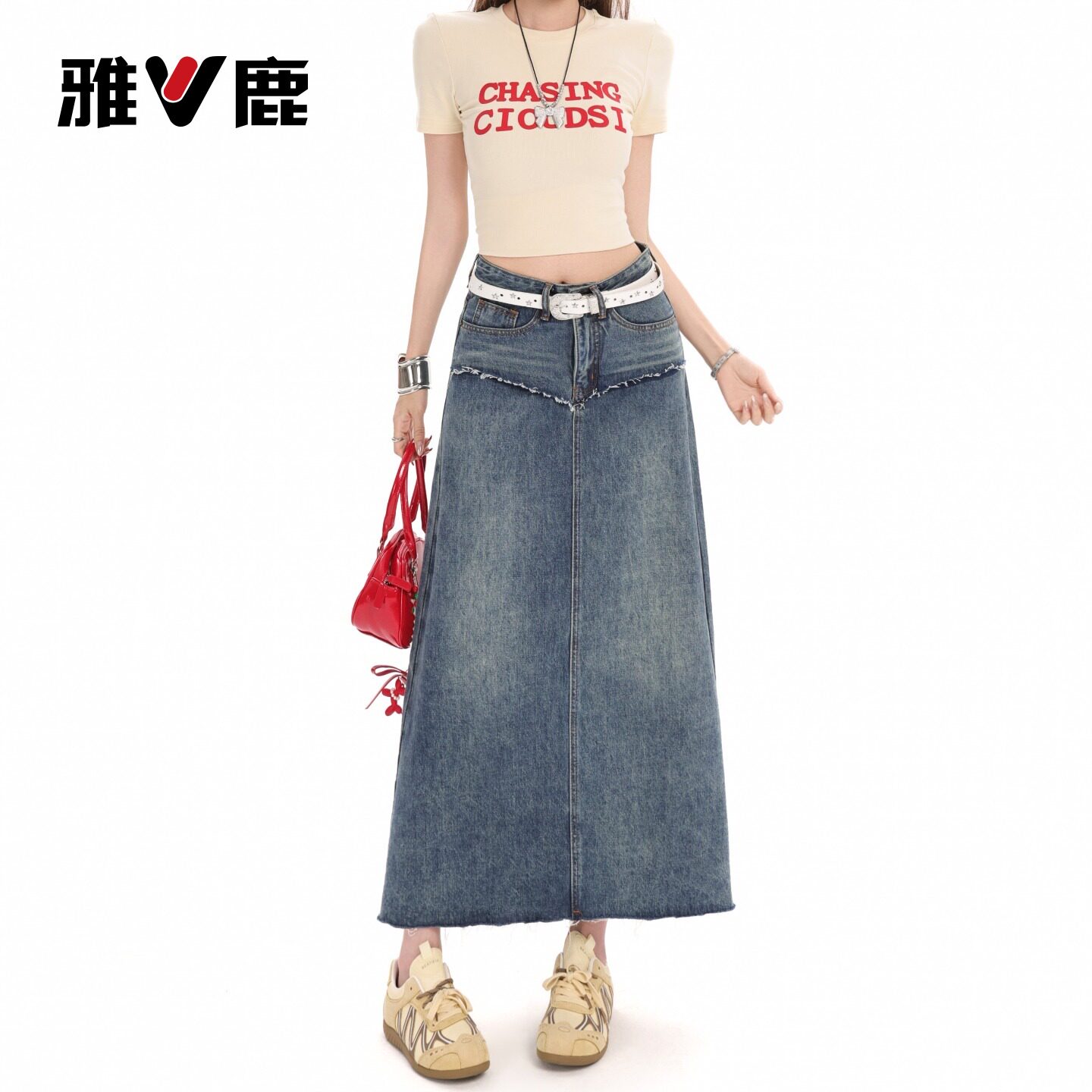 雅鹿复古毛边牛仔半身裙女2026新款夏季高腰a字直筒包臀中长裙Y
