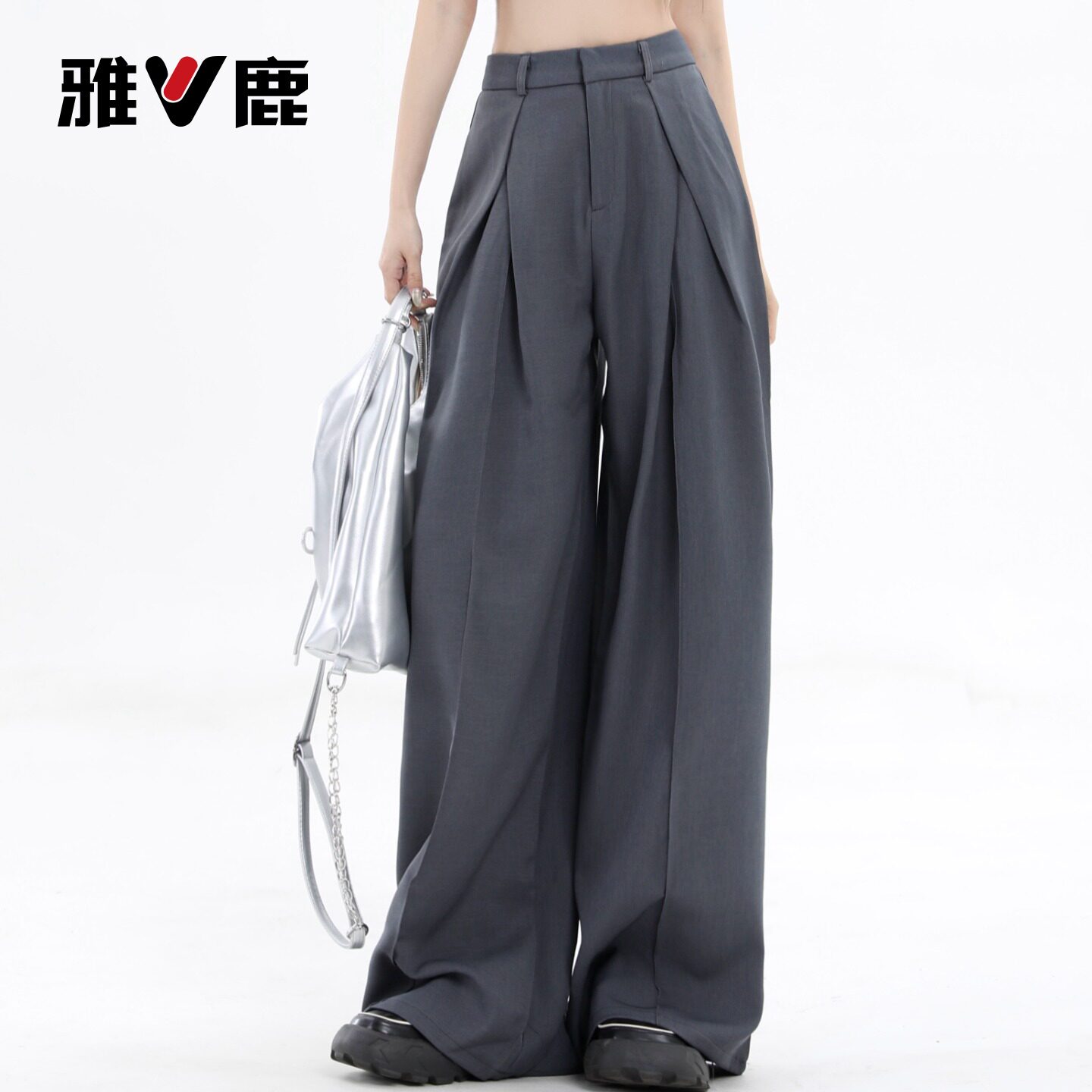 雅鹿灰色阔腿西装休闲裤女2026新款夏季小个子高腰宽松直筒裤子Y