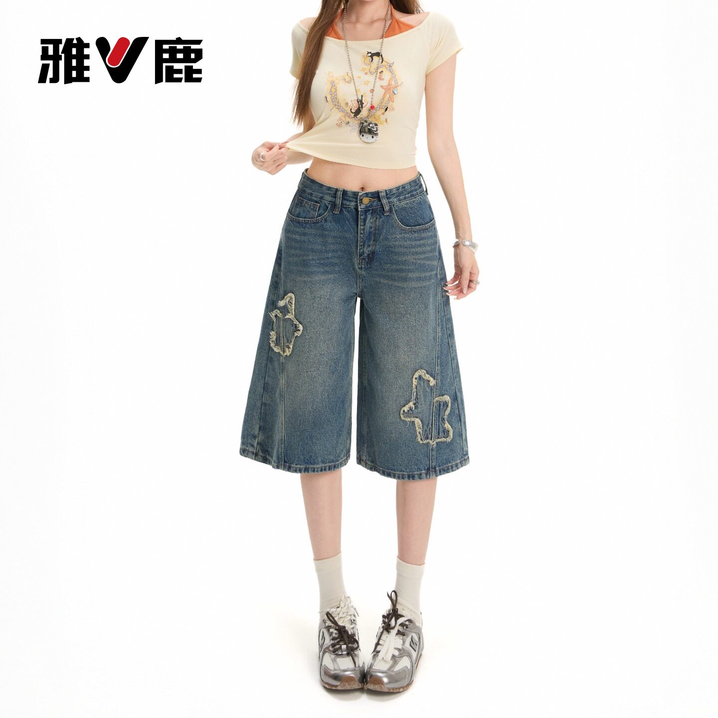 雅鹿美式复古阔腿七分牛仔裤女2026夏季新款高腰宽松直筒短裤子Y