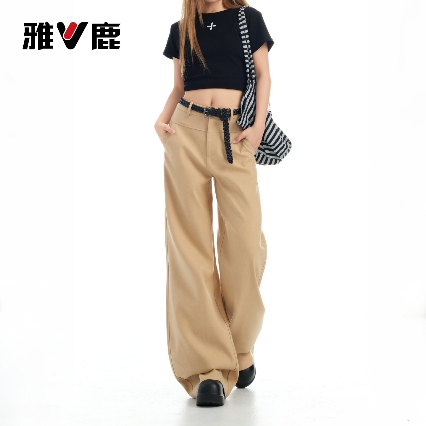 雅鹿卡其色休闲阔腿裤女2026新款夏季高腰显瘦小个子垂感西装裤Y