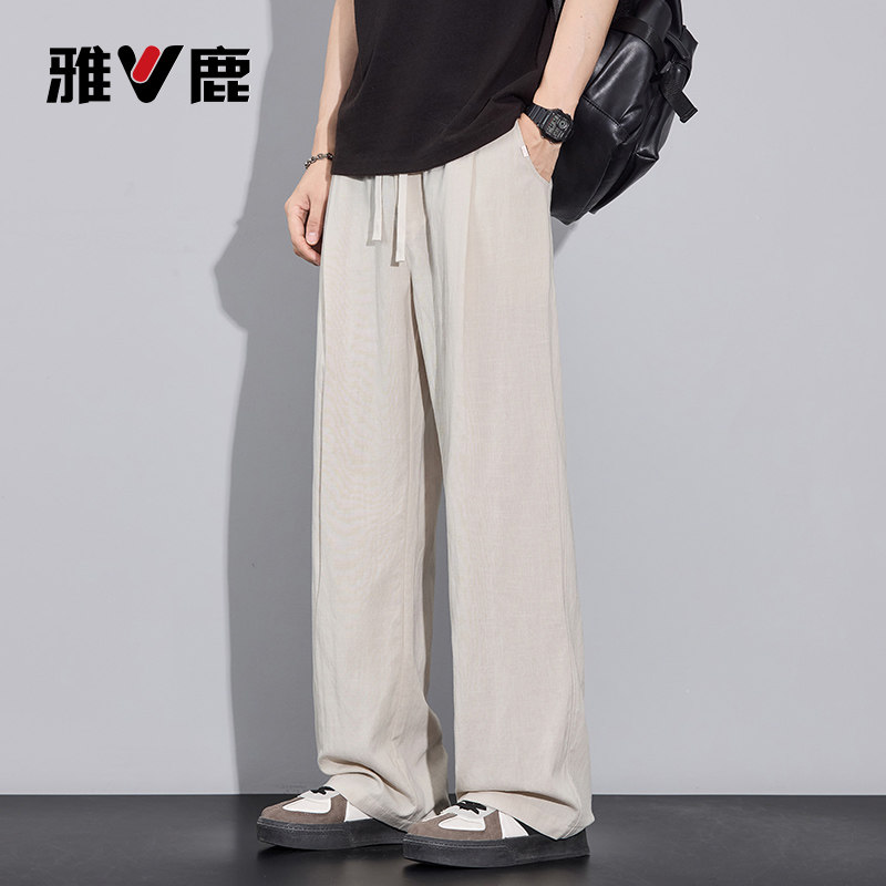 雅鹿新款棉麻休闲裤夏季天丝薄款透气亚麻宽松直筒凉感运动裤子YM