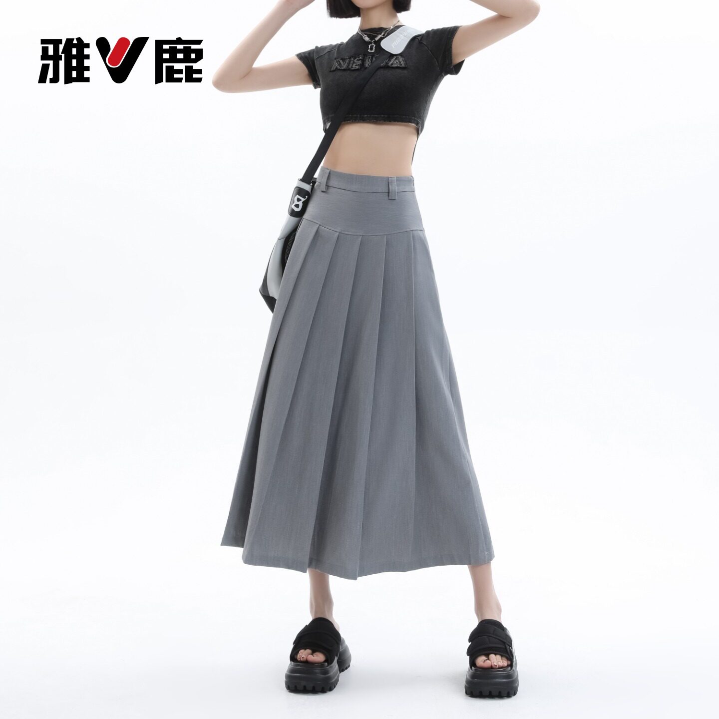 雅鹿灰色西装半身裙女2026新款夏季小个子高腰a字遮胯中长裙子Y