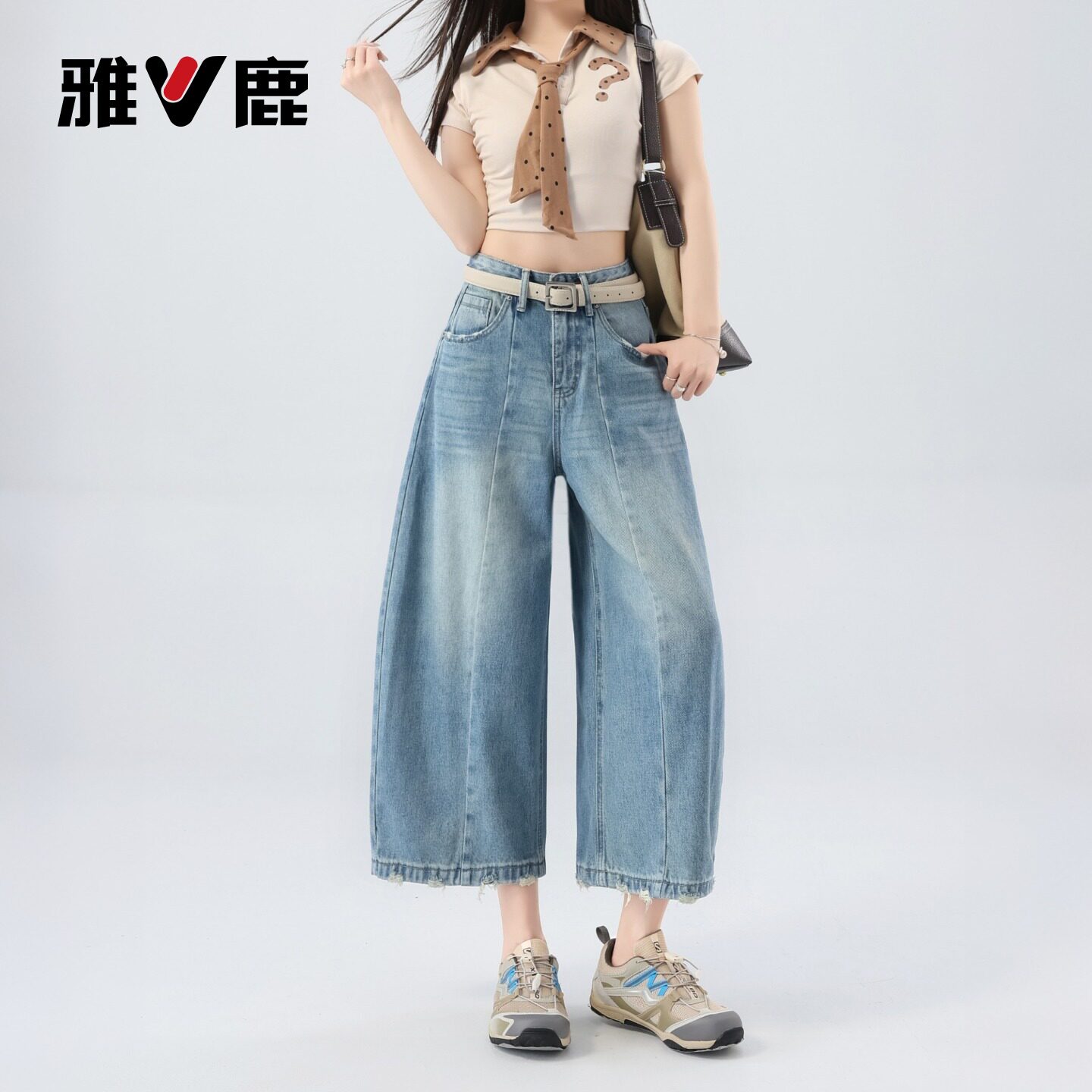 雅鹿浅色弯刀七分牛仔短裤女2026新款夏季小个子宽松阔腿中裤子Y