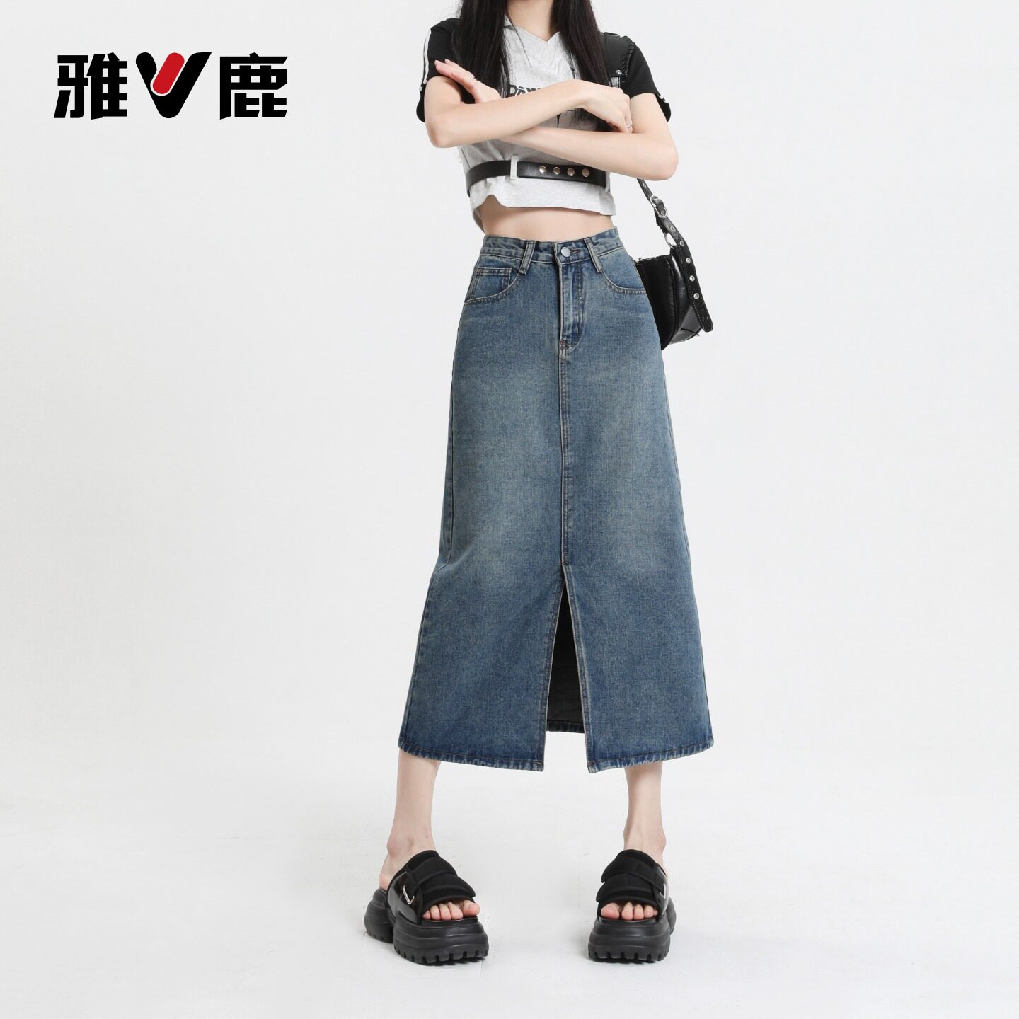 雅鹿复古牛仔半身裙女2026新款夏季小个子高腰开叉包臀中长裙子Y