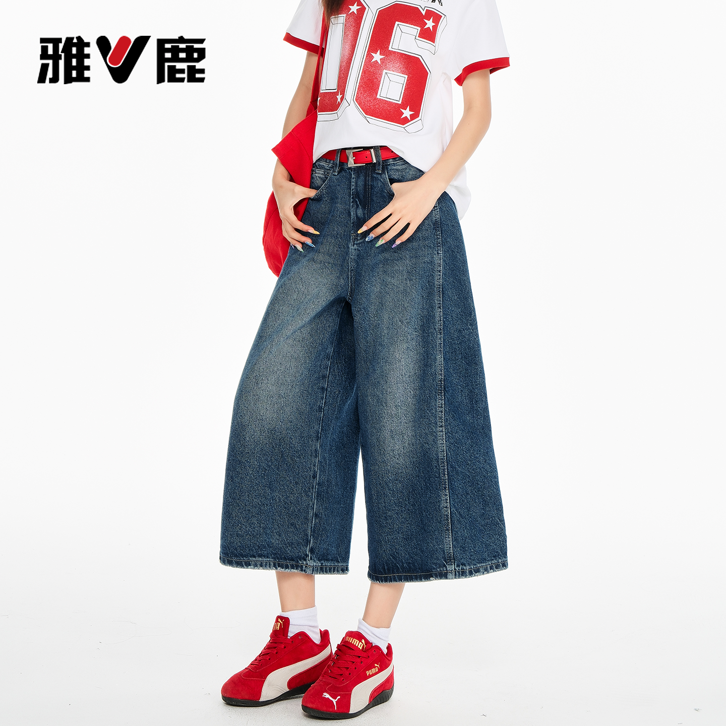 雅鹿水洗做旧牛仔裤女2026新款夏季复古高腰显瘦垂感七分直筒裤Y