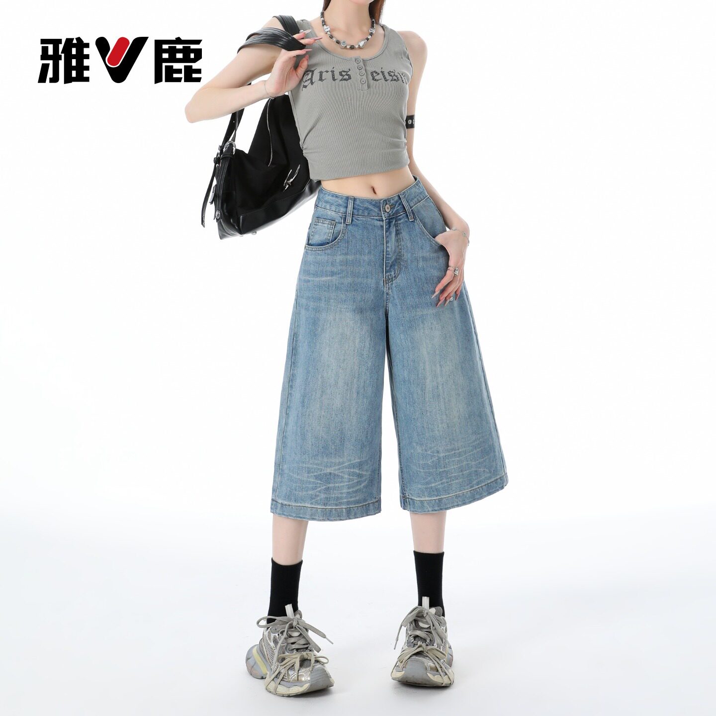 雅鹿美式复古阔腿牛仔裤女2026新款夏季小个子高腰宽松七分裤子Y