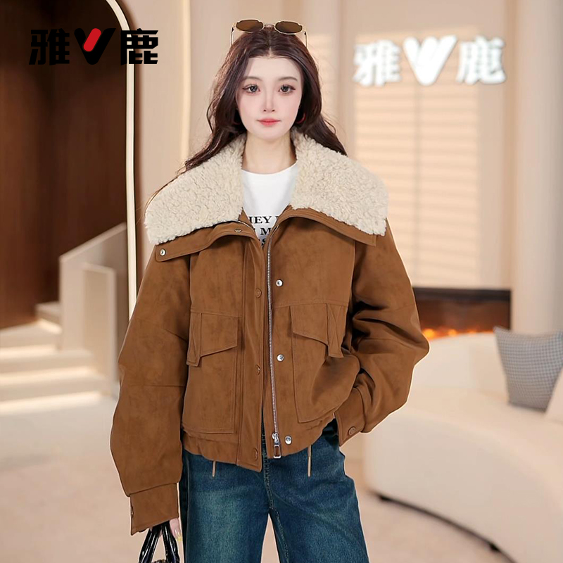 【直播专享】雅鹿大翻领麂皮绒羽绒服派克短款女25年夹绒夹克外套