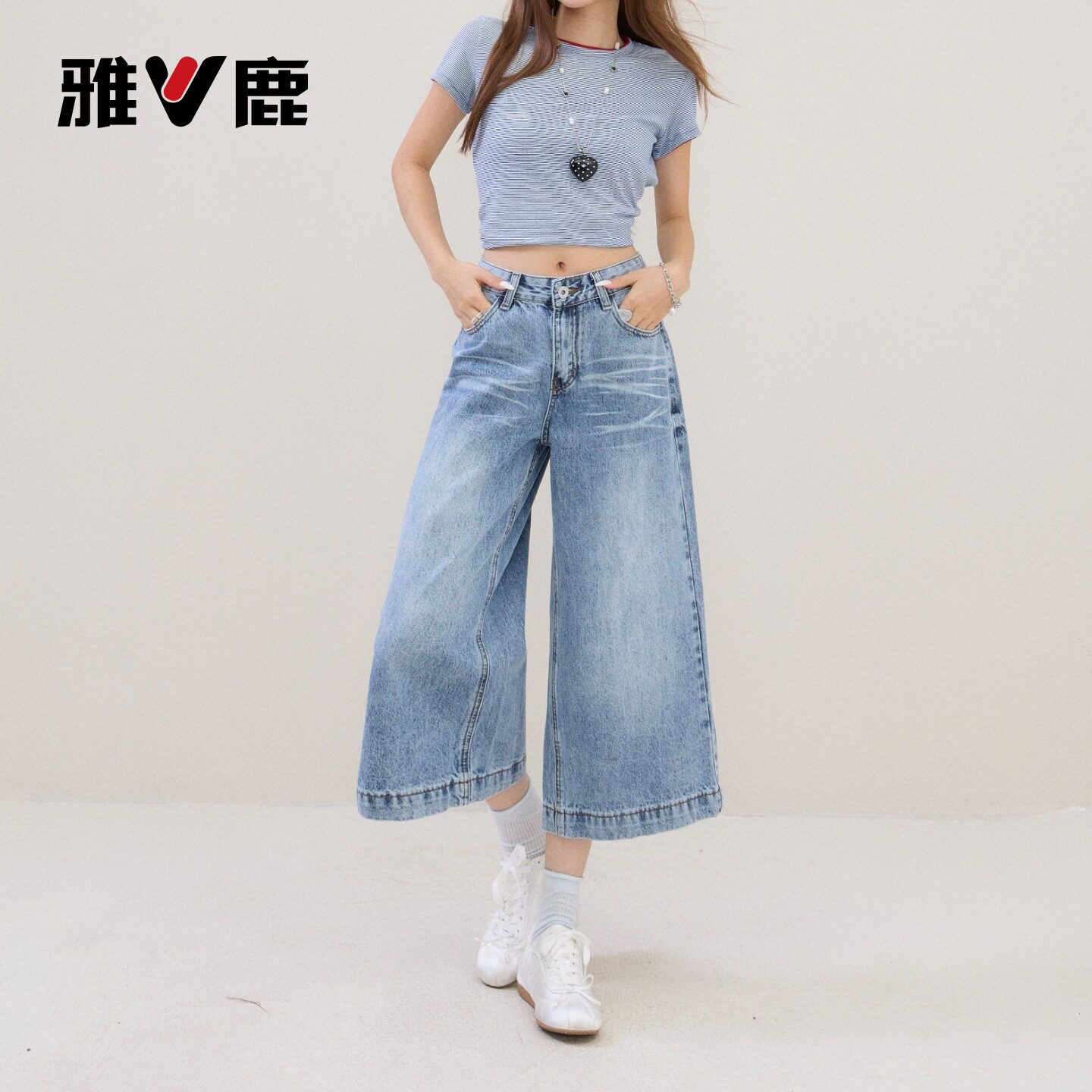 雅鹿美式复古七分牛仔裤女2026新款夏季小个子高腰宽松阔腿中裤Y