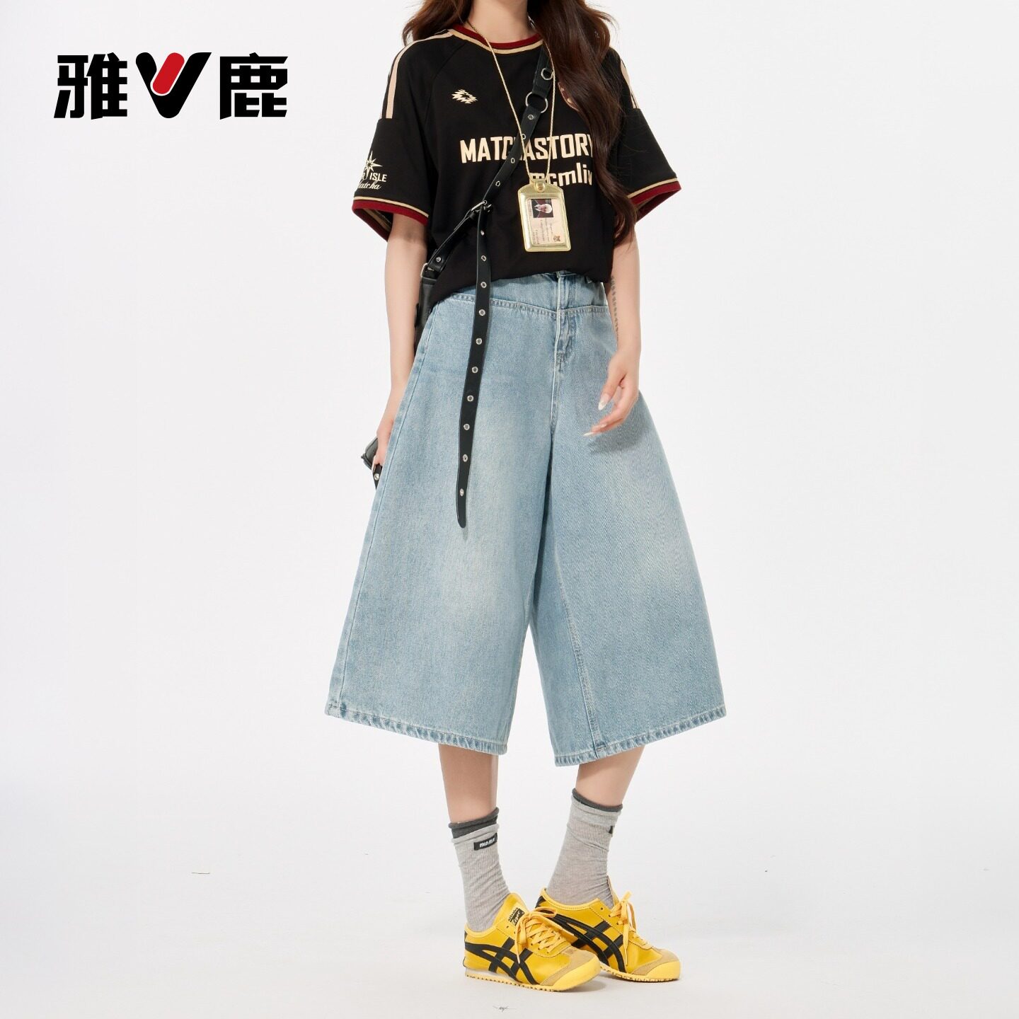 雅鹿浅色阔腿牛仔裤女2026新款夏季怀旧宽松高腰a字七分裤中裤Y