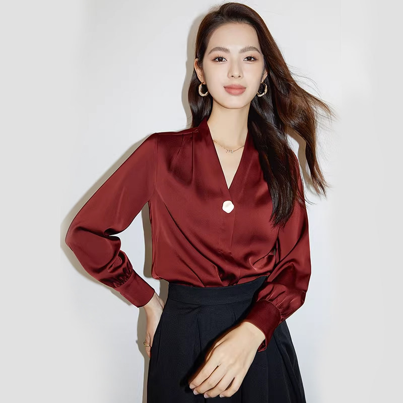 千寻宜法式V领雪纺衬衣2025秋季新款红色气质衬衫女上衣