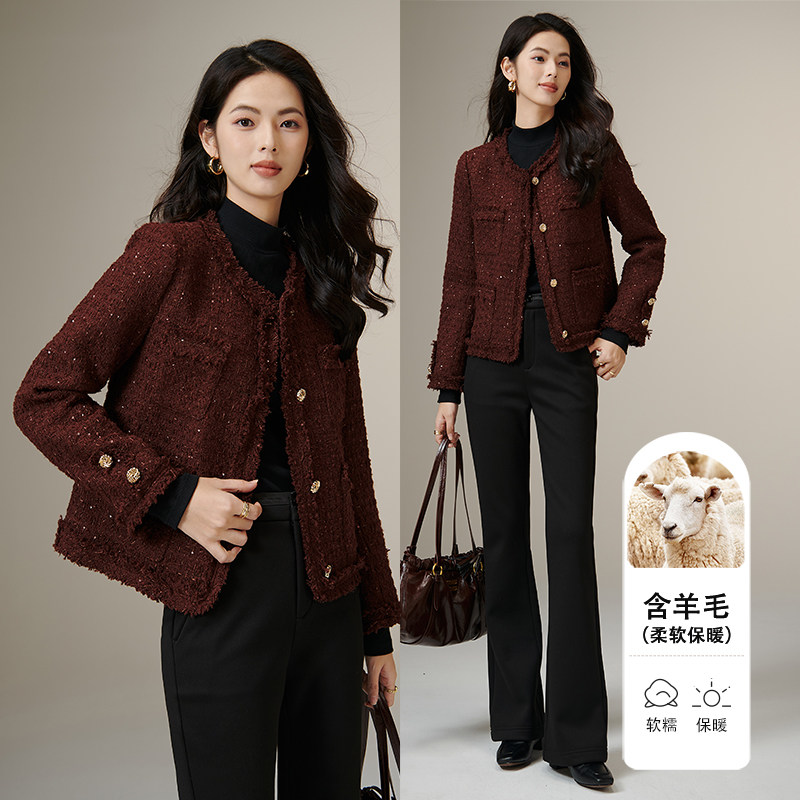 千寻宜2026春季新年复古小香风粗花呢亮闪闪夹棉短款羊毛外套,女装/女士精品,毛呢外套,淘宝优惠券,粉丝福利购,淘宝优惠卷
