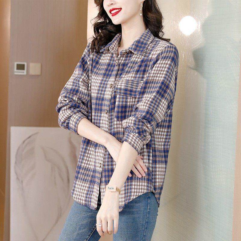 JOYIASS覆古格子衬衫女士秋冬新款加绒加厚磨毛衬衣中年妈妈宽松