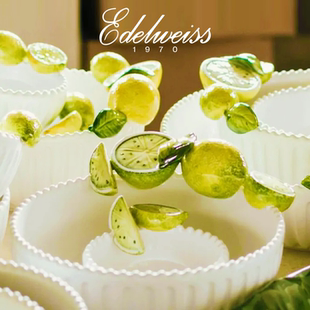 意大利Edelweiss雪绒花柠檬浮雕手绘陶瓷餐盘子椭圆盘双耳碗深盘