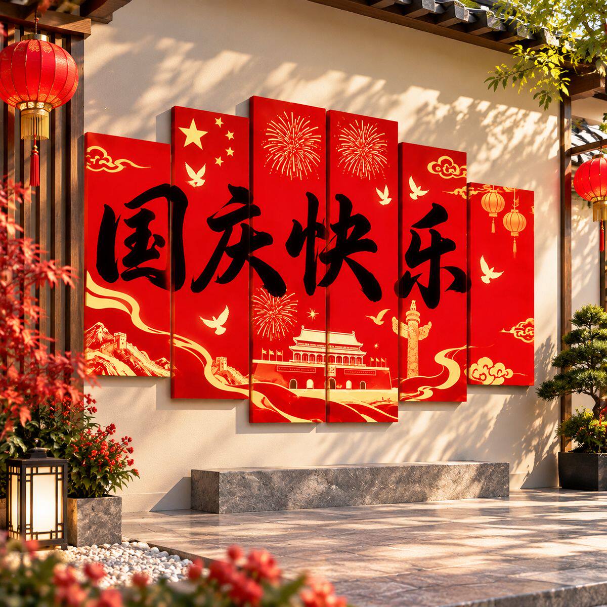 红色国庆快乐立体墙贴天安门烟花元素企业商铺活动拍照背景墙贴纸