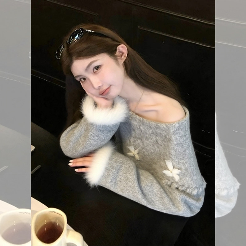 ROUMIKL韩系灰色毛边拼接袖露肩毛衣女秋冬新款高级感软糯糯精致
