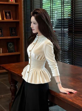 ROUMIKL小香风白色荷叶边排扣丝绒衬衫女2025秋季新款高级感收腰