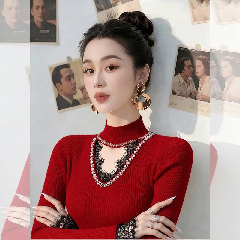 JOYIASS御姐风红色蕾丝拼接半高领针织衫女秋季新款修身显瘦百搭