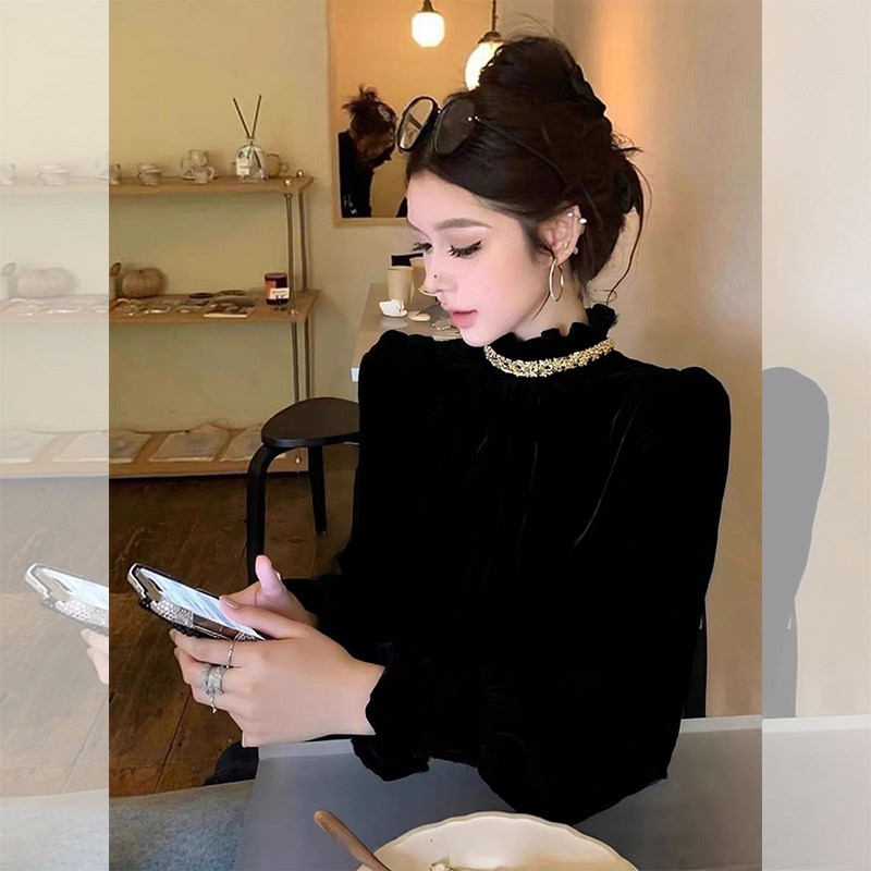 JOYIASS高级感黑色丝绒立领衬衫女秋季新款轻熟法式木耳边显瘦长