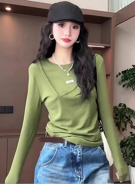 ROUMIKL绿色假两件拼接圆领长袖T恤女2025年秋季修身显瘦内搭打底