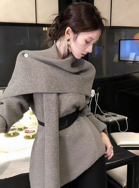 ROUMIKL巨好看灰色披肩飘带毛衣女秋冬新款高级感小众气质绝美收