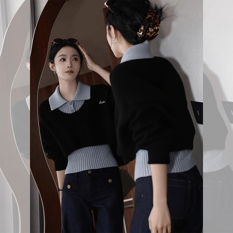 JOYIASS美式复古黑色翻领假两件毛衣女早秋季新款设计感短款收腰